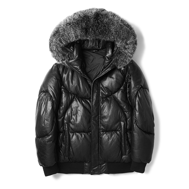 真皮連帽毛領羽絨服